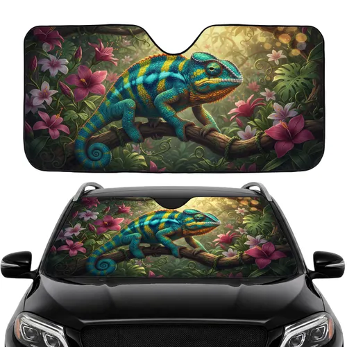 Panther Chameleon Exotic Blossoms - Nature Lover Tropical Decor Gift Car Sunshade
