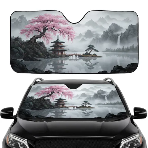 Japanese Pagoda Cherry Blossom Tree Water Reflection - East Asian Decor Gift Car Sunshade