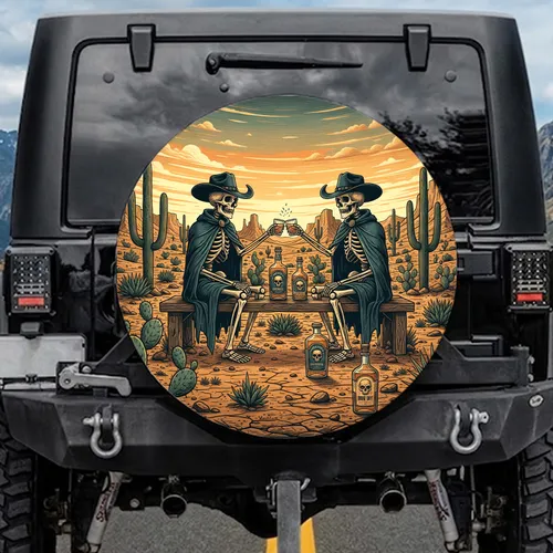 Skeleton Cowboys Toasting Desert Spirits - Gothic Western Decor Spare Tire Cover