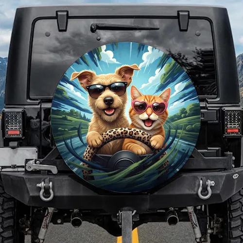 Dog Cat Sunglasses Leopard Steering Wheel - Pet Lover Gift Spare Tire Cover