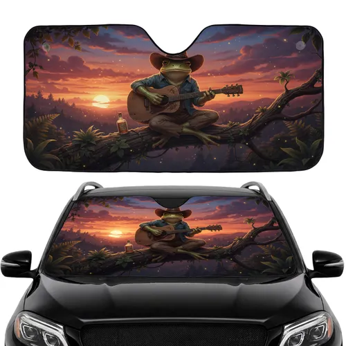Cowboy Frog Playing Guitar Gnarled Branch Fireflies Sunset Sky - Wildlife Lover Gift Car Sunshade