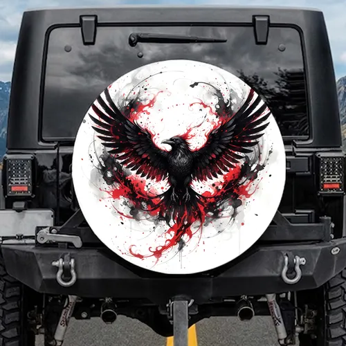 Black Raven Phoenix Creature Wings Crimson Ink - Wildlife Lover Vehicle Accessory Gift Spare Tire Cover