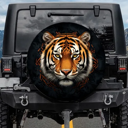 Fierce Tiger Face Golden Eyes Powerful Gaze Smoky Jungle - Wildlife Lover Gift Spare Tire Cover