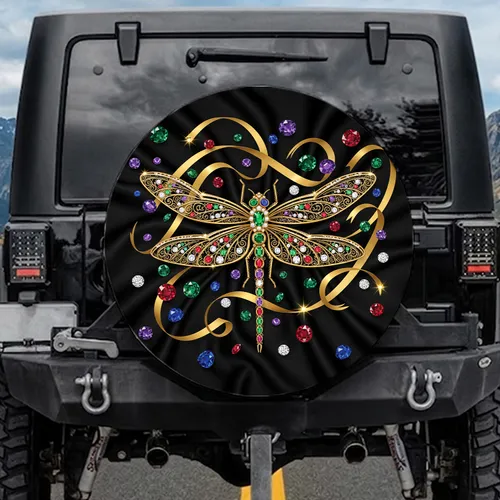 Emerald Ruby Sapphire Amethyst Gold Filigree Dragonfly Black Silk - Luxury Decor Gift Spare Tire Cover
