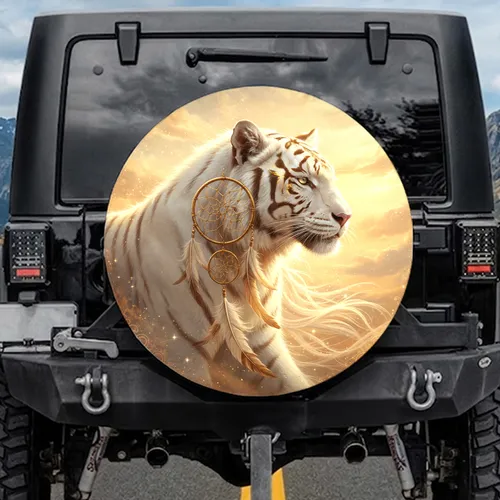 Majestic White Tiger Golden Dreamcatcher Tribal Markings - Wildlife Lover Gift Spare Tire Cover