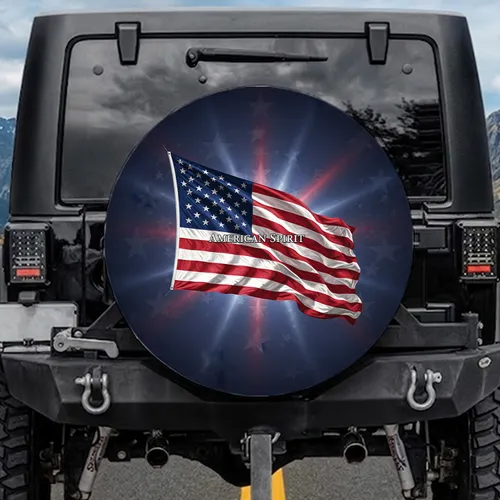 Grand Waving American Flag Starburst - Deep Red White Blue Independence Day Decor Spare Tire Cover