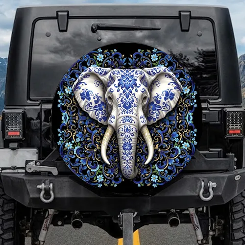 White Elephant Sapphire Blue Gold Floral Scrollwork Spare Tire Cover