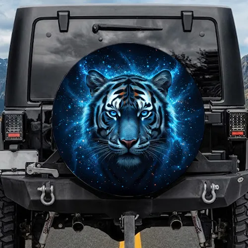 Blue Black Tiger Luminous Electric Eyes Ethereal Cosmic Dust - Wildlife Lover Decor Gift Spare Tire Cover