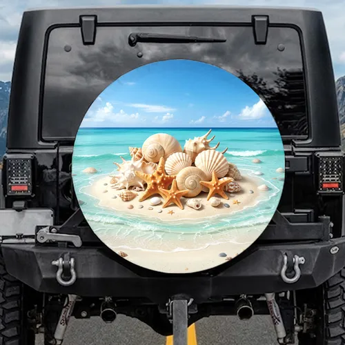 Seashell Starfish Tropical Beach Ocean Waves Sandy Shore - Coastal Living Decor Gift Spare Tire Cover