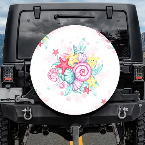 Pink Seashell Conch Starfish Palm Frond Marine Life Watercolor Spare Tire Cover