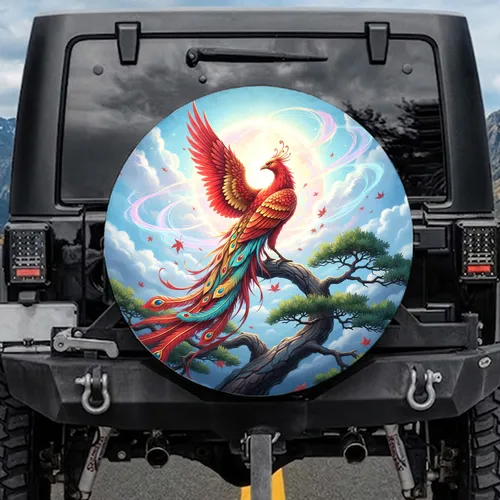 Majestic Golden Fiery Phoenix Pine Tree Celestial Orb - Wildlife Lover Spare Tire Cover