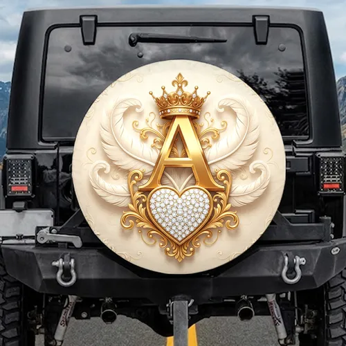 Golden A Letter Royal Crown Diamond Heart Ornate Filigree Feathers Spare Tire Cover