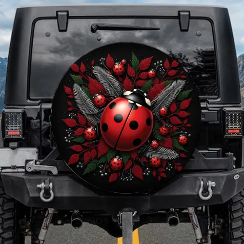 Red Ladybug Black Spotted Leaf Botanical - Garden Decor Gift for Nature Lovers Spare Tire Cover