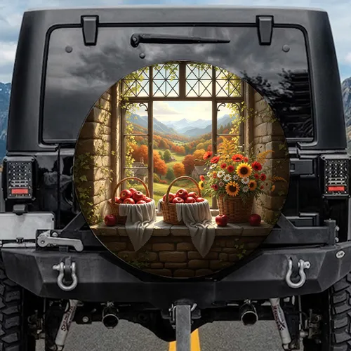 Stone Window Baskets Red Apples Wildflowers Autumn View - Farmhouse Decor Gift Spare Tire Cover