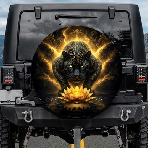 Black Panther Golden Lotus Glowing Eyes Ornate Swirls - Wildlife Lover Decor Gift Spare Tire Cover