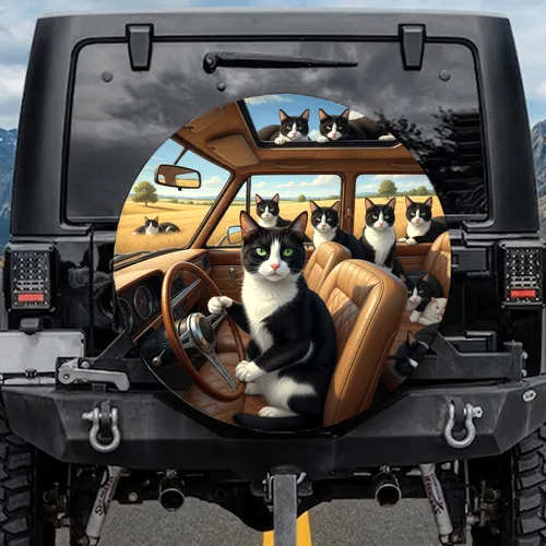 Tuxedo Cats Driving Luxury Car Golden Landscape - Cat Lover Travel Gift Spare Tire Cover