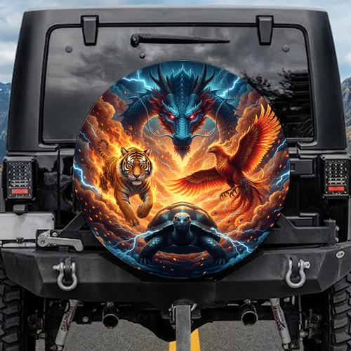 Azure Dragon Phoenix Tiger Tortoise - Fantasy Lover Mythical Creatures Gift Spare Tire Cover