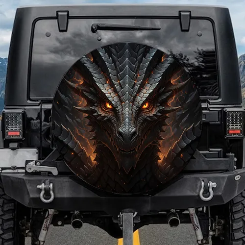 Formidable Dragon Head Fiery Orange Eyes Obsidian Scales - Fantasy Lover Gift Spare Tire Cover