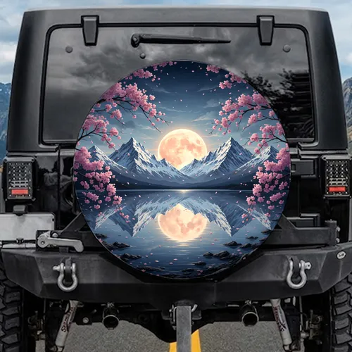 Luminous Full Moon Lake Mountains Cherry Blossom - Nature Lover Decor Gift Spare Tire Cover