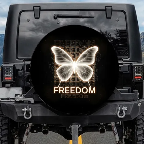 Majestic Luminous White Butterfly Delicate Veins Glowing Amber Freedom Text - Wildlife Lover Gift Spare Tire Cover