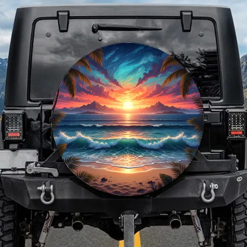 Tropical Sunset Ocean Beach - Road Trip Essential for Travel Lover Spare Tire Cover