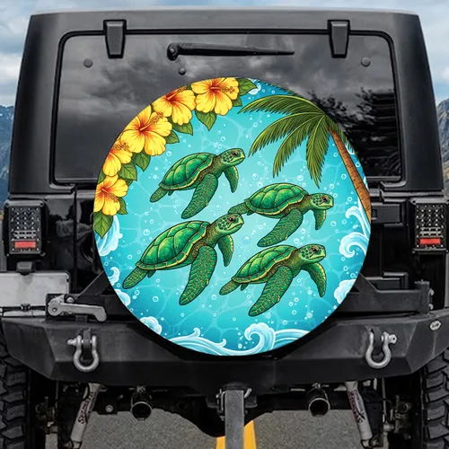 Swimming Green Sea Turtle Tropical Yellow Hibiscus Palm Tree Fronds Ocean Waves - Wildlife Lover Gift Spare Tire Cover