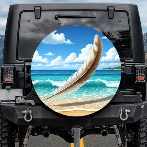 Light Brown White Feather Ocean Beach Blue Sky Tropical Lifestyle Gift Spare Tire Cover