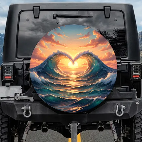 Ocean Wave Heart Sunset Seascape Golden Clouds - Ocean Lover Gift Spare Tire Cover