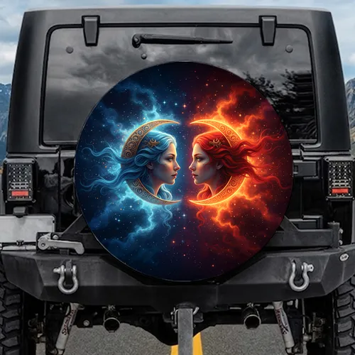 Ethereal Female Profiles Crescent Moon Cosmic Nebula - Mystical Decor Gift Spare Tire Cover