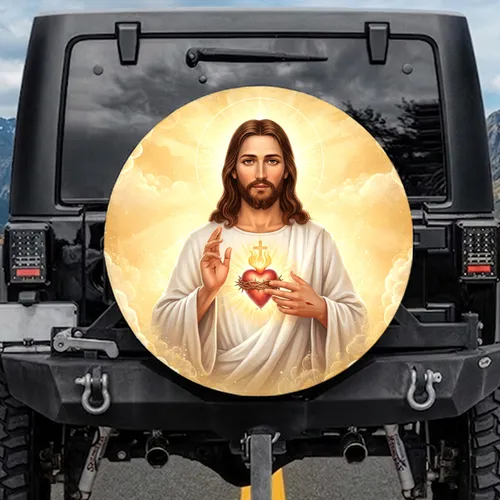 Jesus Christ Sacred Heart Divine Aura Light Rays - Reverent Spiritual Decor Gift Spare Tire Cover