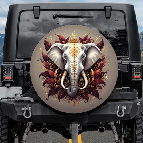 White Elephant Head Tusks Foliage Moons - Wildlife Decor Gift Spare Tire Cover