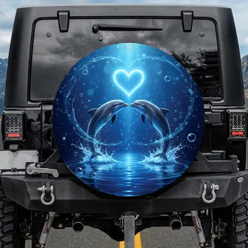 Two Majestic Dolphins Glowing Heart Underwater Dreamscape - Marine Life Gift Spare Tire Cover