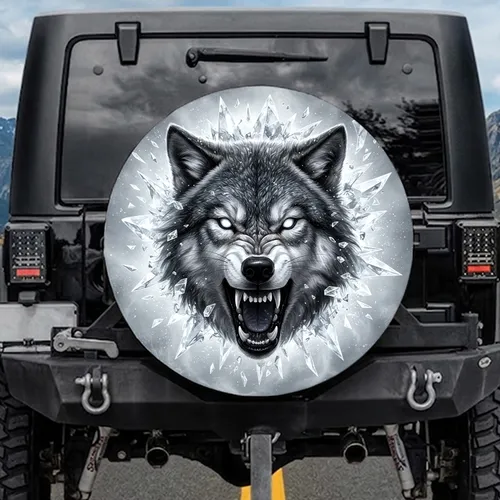 Fierce Snarling Wolf Head Ice Shards Frost Patterns - Wildlife Lover Gift for Nature Lovers Spare Tire Cover