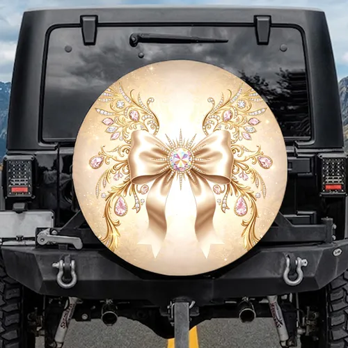 Iridescent Gemstone Satin Bow Pavé Diamonds Golden Filigree Spare Tire Cover