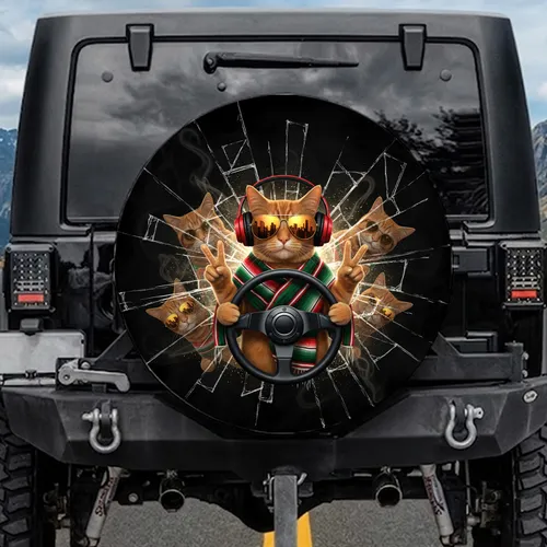 Orange Tabby Cat Peace Sign Steering Wheel - Cat Lover Decor Gift Spare Tire Cover
