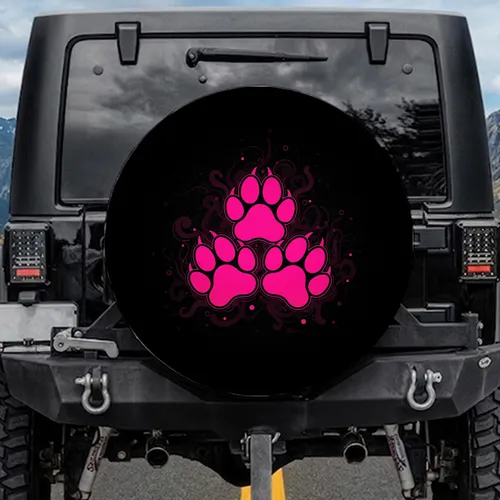 Hot Pink Paw Prints Magenta Swirls Black - Pet Lover Vehicle Gift Spare Tire Cover