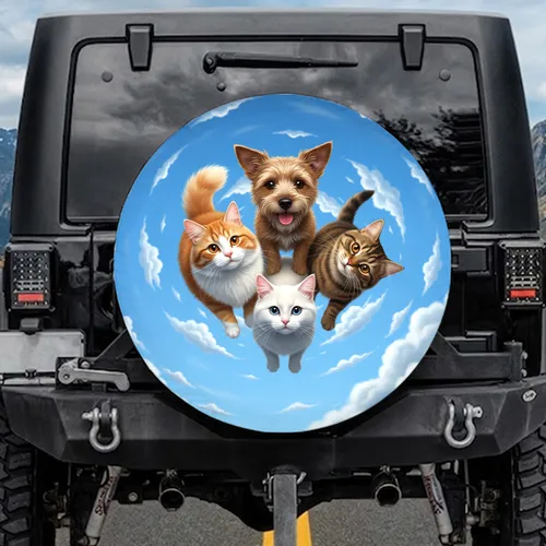 Curious Three Cats Scruffy Dog Floating Clouds Blue Sky - Decor Gift for Pet Lovers Spare Tire Cover