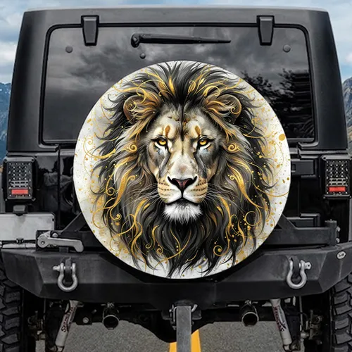 Regal Lion Head Gold Mane Charcoal Grey - Wildlife Lover Decor Gift Spare Tire Cover