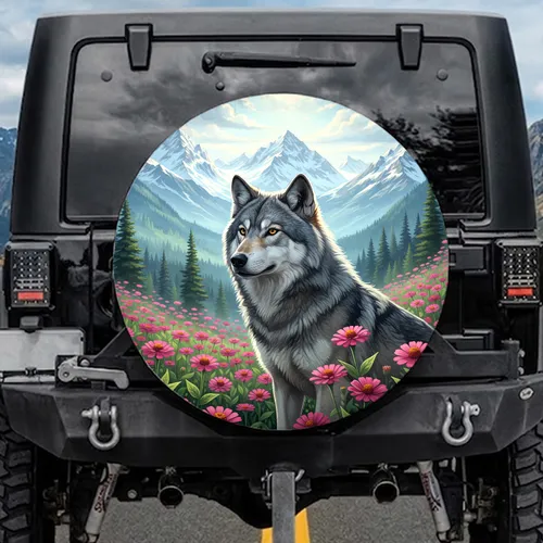 Majestic Gray Wolf Pink Flowers Snow Mountains - Wildlife Lover Gift Spare Tire Cover