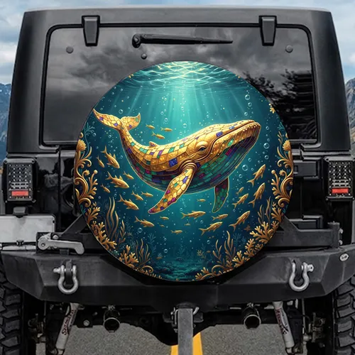 Golden Whale Shimmering Jewel Mosaic Coral Scene - Underwater Life Decor Gift Spare Tire Cover