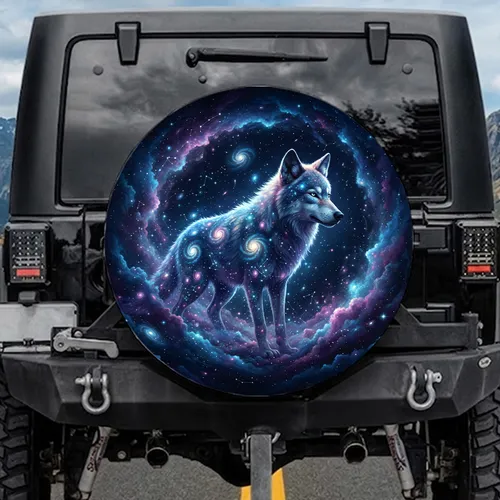 Cosmic Wolf Glowing Eyes Swirling Galaxies Constellations Nebula - Deep Space Lover Gift Spare Tire Cover