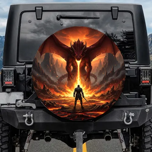 Red Dragon Knight Molten Lava Volcano Realm - Fantasy Adventure Seeker Gift Spare Tire Cover