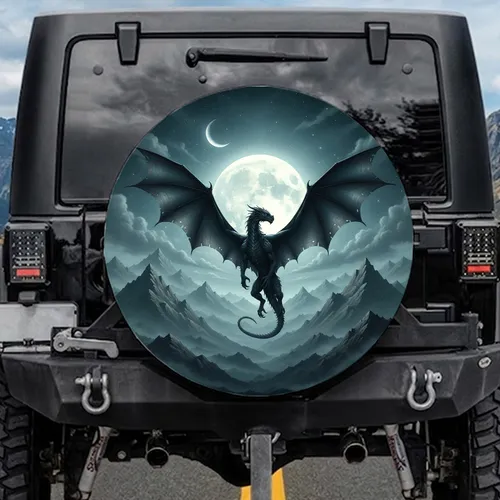 Majestic Winged Dragon Full Moon Mountain Night Sky - Fantasy Lover Gift Spare Tire Cover