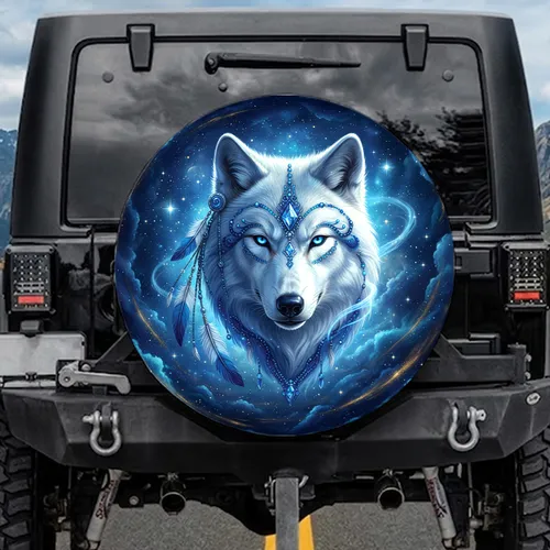 White Wolf Blue Eyes Silver Beadwork Feathers Cosmic Night Sky - Fantasy Lover Gift Spare Tire Cover