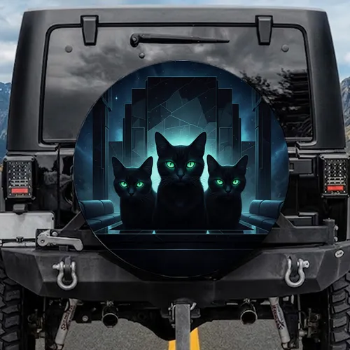 Sleek Black Cats Glowing Emerald Eyes Mysterious Lounge - Cat Lover Decor Gift Spare Tire Cover