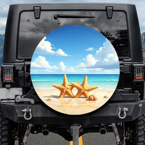 Golden Starfish Spiral Seashell Tropical Beach - Coastal Decor Gift Spare Tire Cover