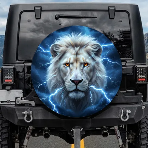 Majestic White Lion Orange Eyes Blue Lightning Stormy Sky - Wildlife Lover Gift Spare Tire Cover