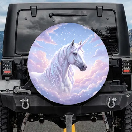 White Unicorn Head Iridescent Mane Pearlescent Horn - Fantasy Lover Gift Spare Tire Cover