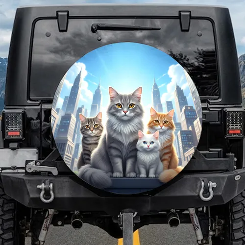 Light Grey Cat Golden Eyes, Diverse Cats Urban Cityscape - Pet Lover Everyday Decor Gift Spare Tire Cover
