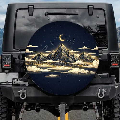 Mountains Crescent Moon Star Clusters Mist Night Sky Spare Tire Cover